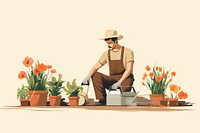 Adult brearded man gardener gardening outdoors flower. 