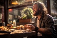 Burger eating food contemplation. 