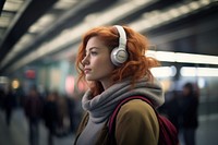 Woman listening to music with headphones. 