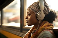 Woman listening to music with headphones. 