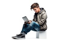 Boy portrait sitting using tablet computer footwear teen. AI generated Image by rawpixel.