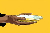 Hands holding a plate hand yellow food. 