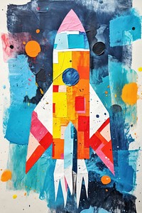 Ripped paper collage Launching rocket art painting.