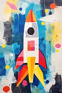 Ripped paper collage Launching rocket art painting. 