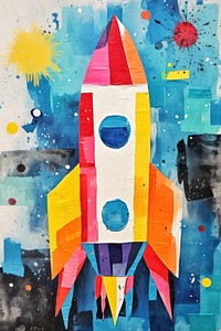 Ripped paper collage Launching rocket art painting.