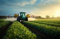 Tractor spraying field farm agriculture. 