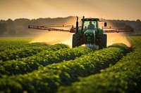 Tractor spraying field agriculture outdoors. 