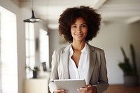 Black woman computer standing office. 