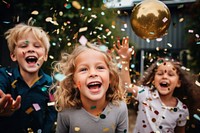 Kids party laughing birthday confetti. 