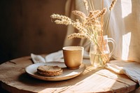 A wooden table food bread cup. 