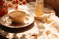 A wooden table saucer coffee drink. 