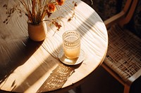 A wooden table furniture lighting shadow. 