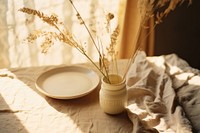 A wooden table windowsill plant food. 