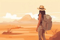 Female traveler backpack outdoors desert. 