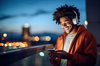 Happy young man african american listening adult night. 