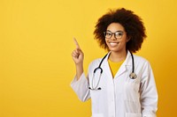 African american woman doctor glasses smiling yellow. 