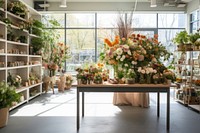 Flower shop window plant table. 