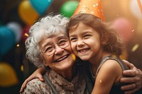 Joyful grandkid girl laughing birthday portrait. 