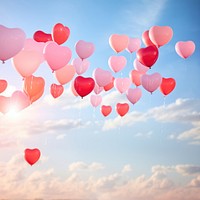 a real photo of heart-shaped balloons floating up in the air. 