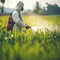 Asian farmer wear safety clothes with protective mask spraying organic pesticides. 