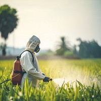 Asian farmer wear safety clothes with protective mask spraying organic pesticides. 