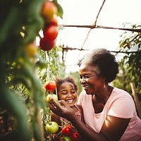 close up photo of African American grandmother and granddaughter picking up fresh tomatoes in the greenhouse. 