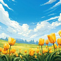 Yellow tulips flower field landscape outdoors blossom. 