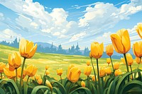 Yellow tulips flower field landscape outdoors blossom. 