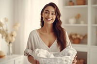 Laundry portrait basket smile. 