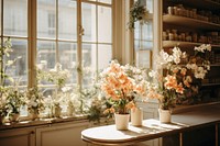 Cafe flower shop windowsill plant architecture. 