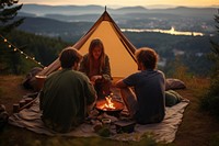 Outdoor family eating outdoors camping. 