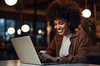 Laptop hairstyle computer smiling. 