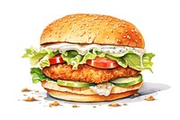 Fried fish burger food hamburger vegetable. 