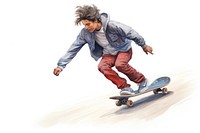 Teenage boy riding skateboard drawing skateboarding snowboarding. 