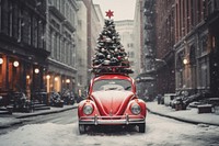 Red vintage beetle car carry christmas tree vehicle snow city. 