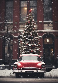 Red vintage car carry christmas tree city vehicle plant. AI generated Image by rawpixel.