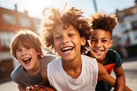 Young basketball players cheerful laughing sports. 