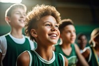 Young basketball players cheerful togetherness cheerleading. 