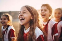 Young football girl players cheerful laughing cheering. 