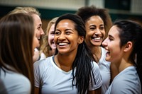 Volleyball players cheerful teamwork laughing. 