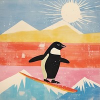 Penguin playing snowboard outdoors bird art. AI generated Image by rawpixel.