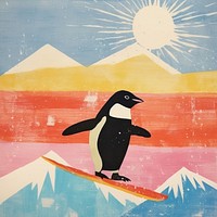 Penguin playing snowboard outdoors bird art. 