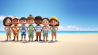 Diversity kids beach vacation outdoors. 