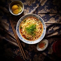 Noodles soup food bowl table. 