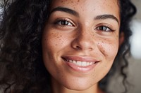 Hispanic woman face freckle smiling adult. 