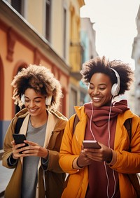 Two female black friends headphones adult togetherness. 