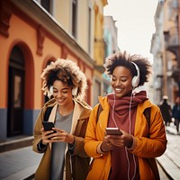 Two female black friends selfie adult city. 