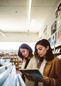 Two hispanic women publication reading library. 