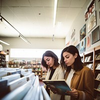 Two hispanic women publication shopping reading. 