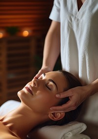 Woman getting face massage adult relaxation zen-like. 